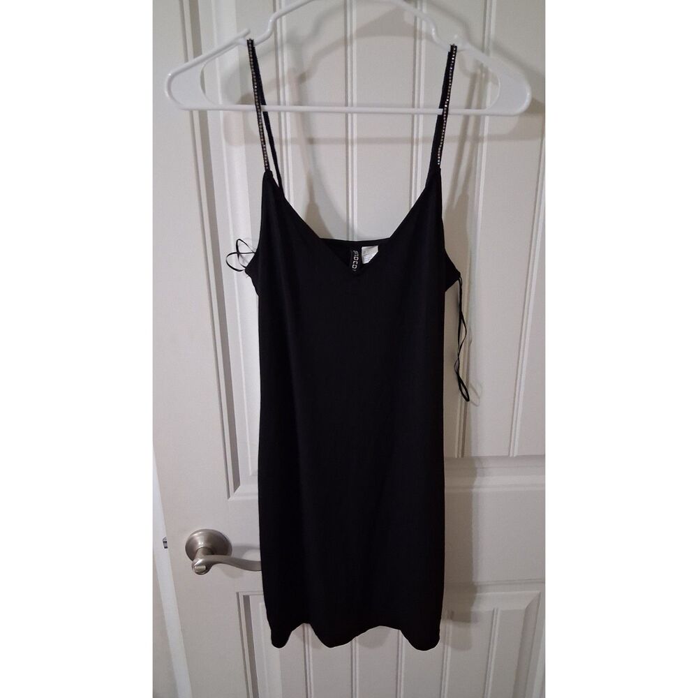 H&M Divided Women’s Small Black Mini Slip Dress Rhinestone Straps Side Tie